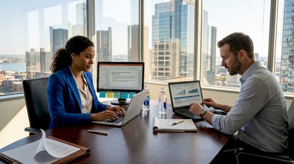 Sales team building battle cards in meeting room