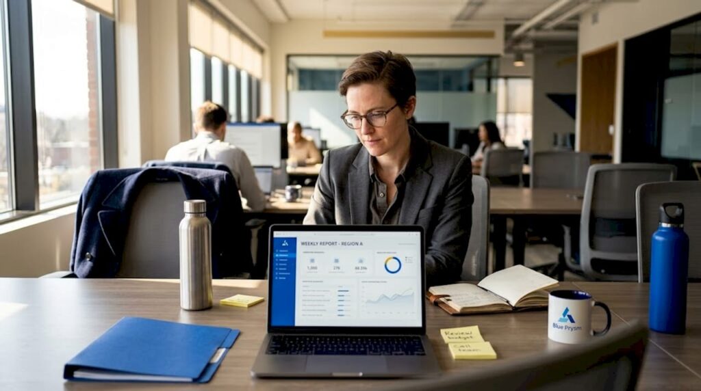 Business manager reviewing AI-driven dashboard