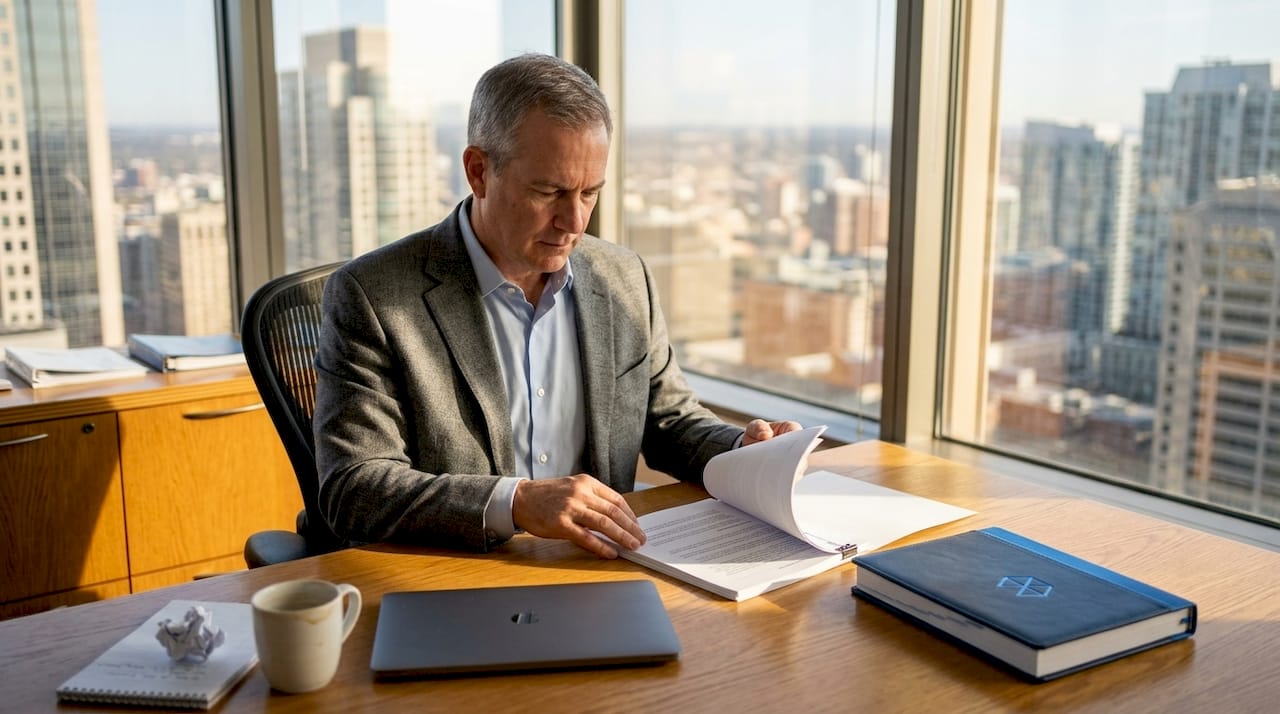 Business leader reviewing strategy papers at desk