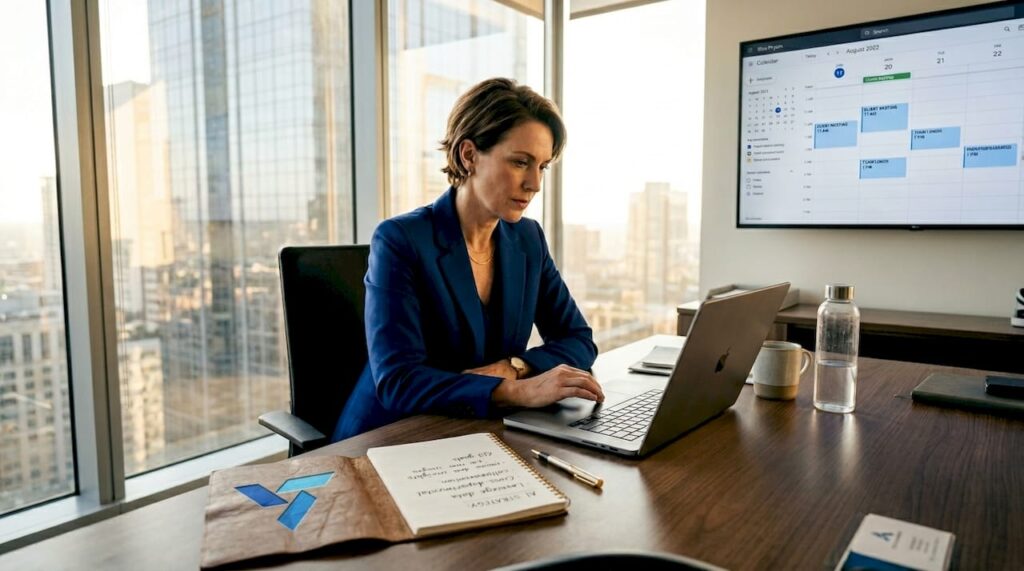 Businesswoman reviews AI strategy in corner office