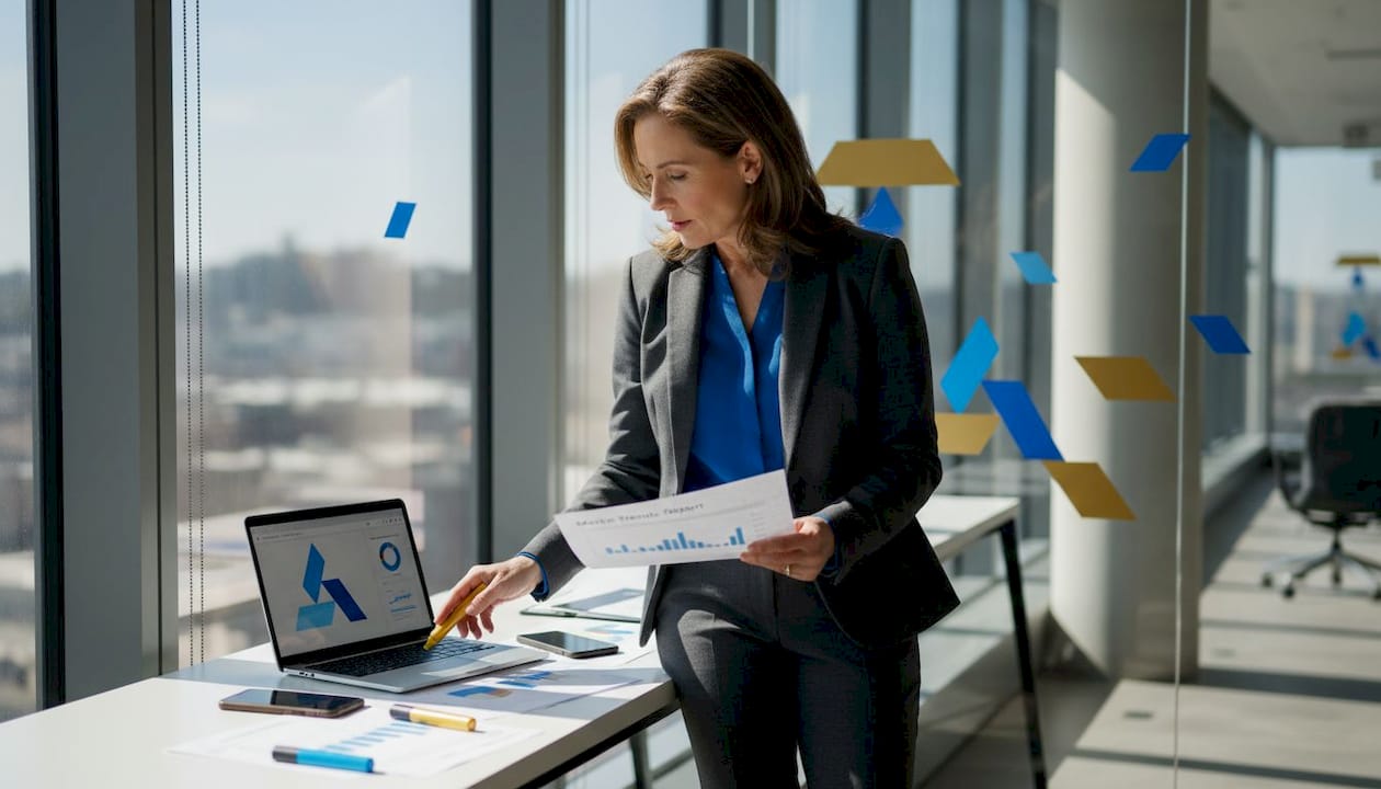 Executive reviewing trends in corner office