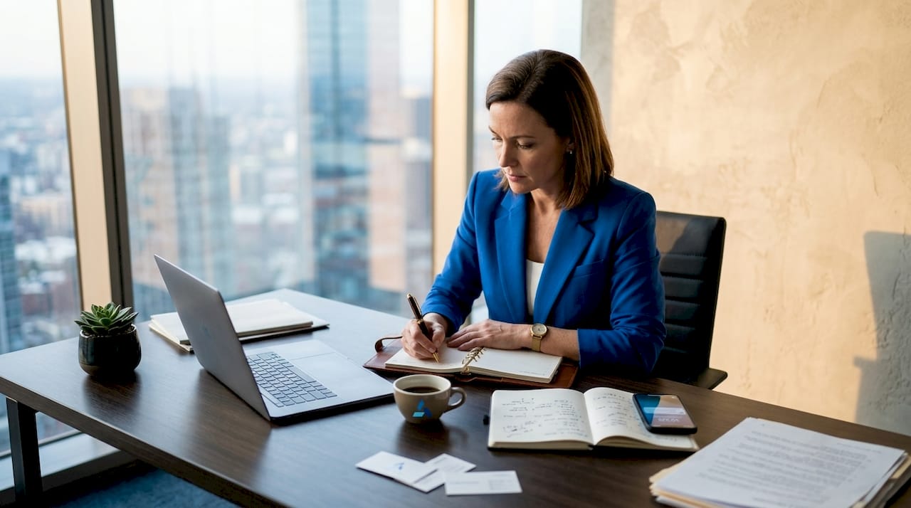 Manager updating a decision log in office