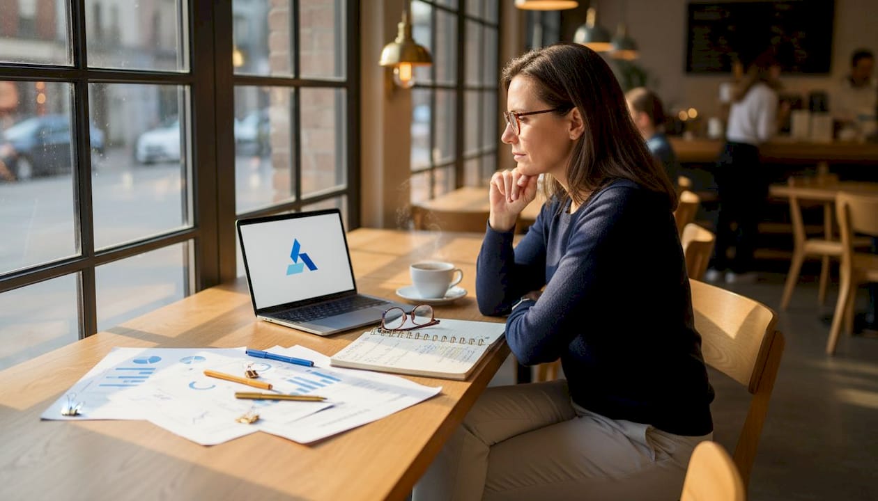 Businesswoman reviewing intelligence notes at desk