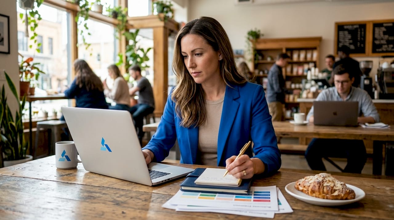 Small business owner reviews AI insights at coworking table