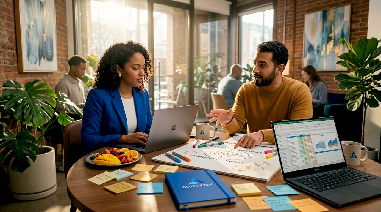Strategists evaluating frameworks in office meeting