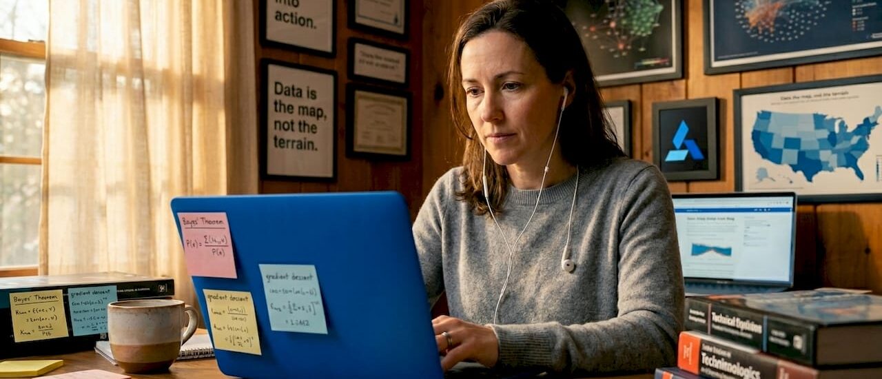 Data scientist reading blog at busy workspace
