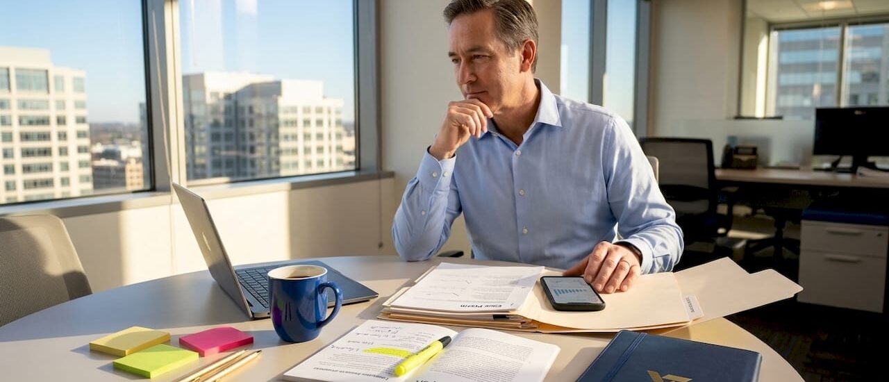 Analyst reviewing competitor report in office