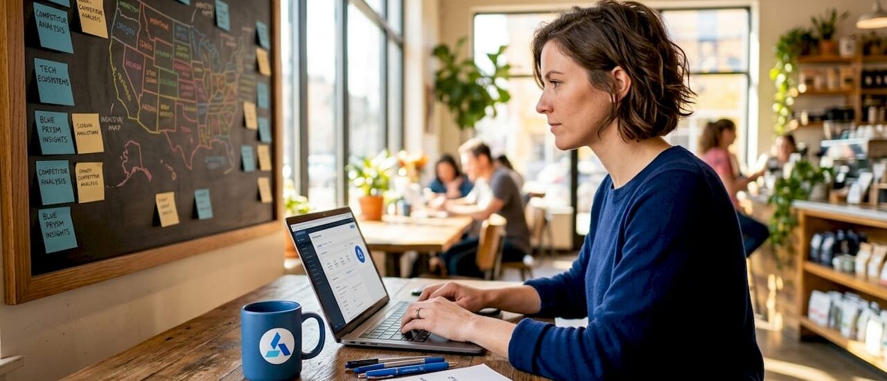 Analyst working on market intelligence at desk