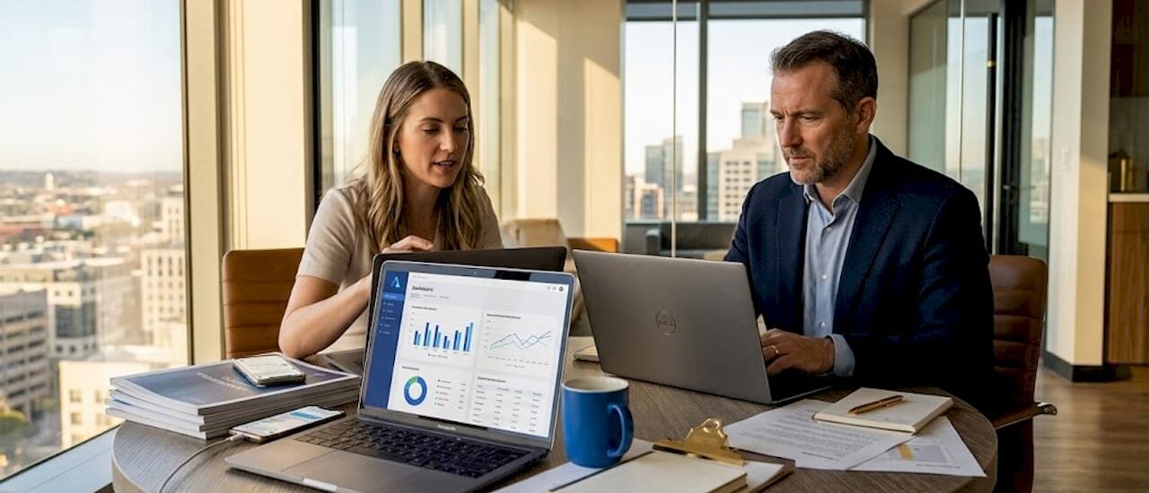 Business professionals reviewing software comparison