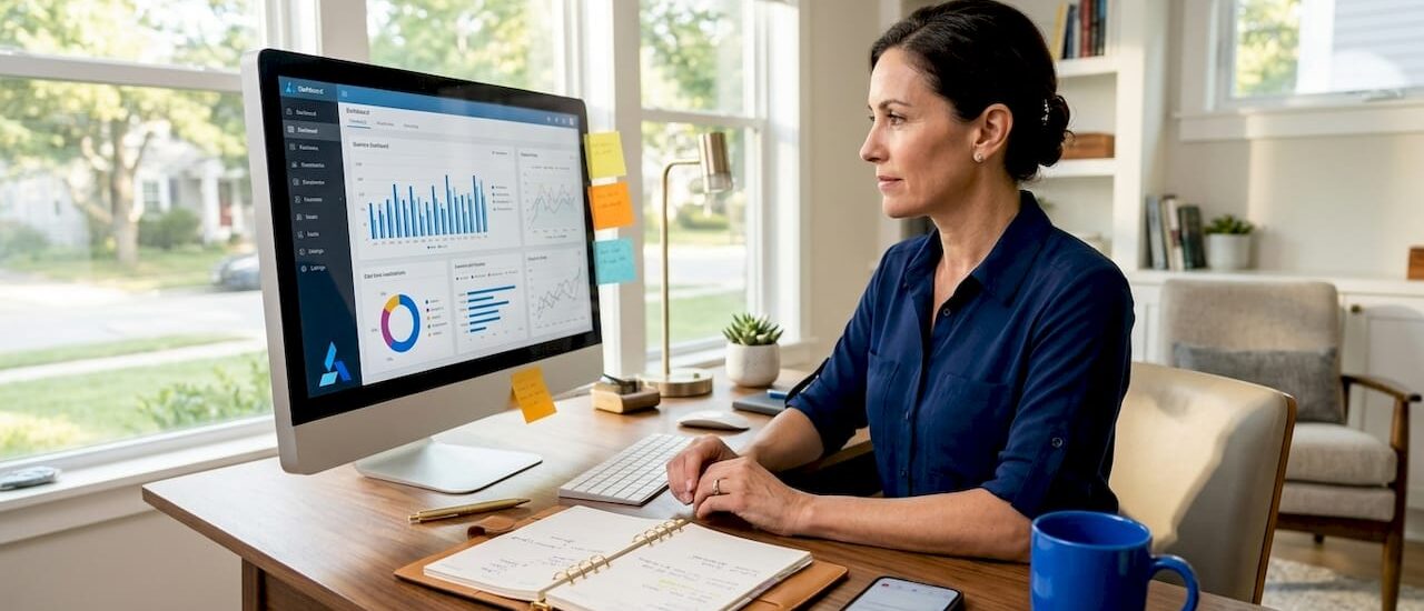 Businesswoman using dashboard in home office