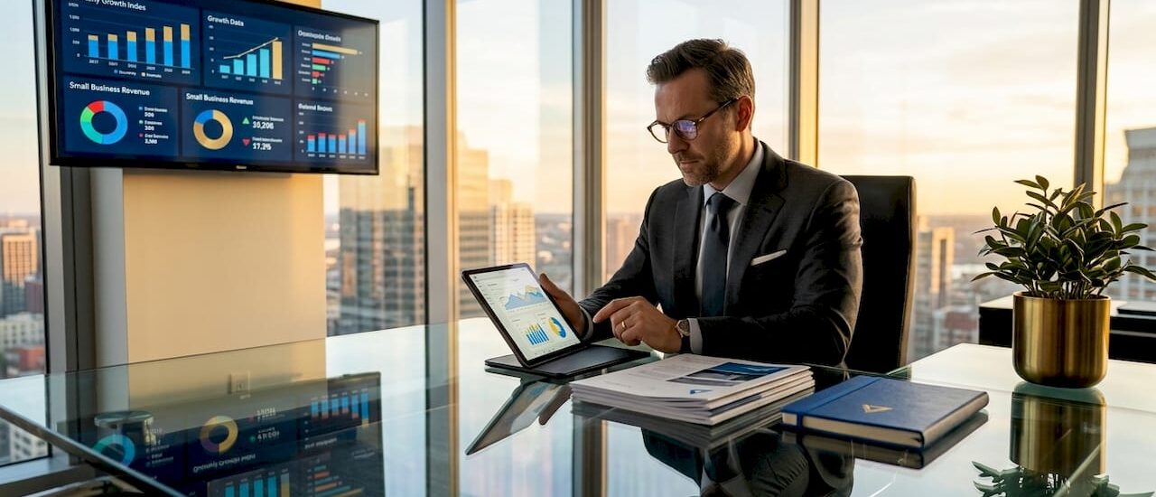 Business leader analyzing AI dashboard in corner office