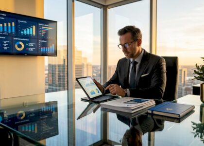 Business leader analyzing AI dashboard in corner office