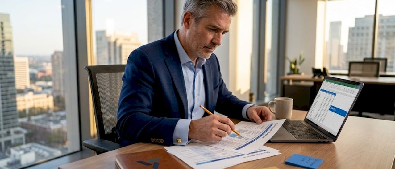 Executive analyzing decisions at office desk