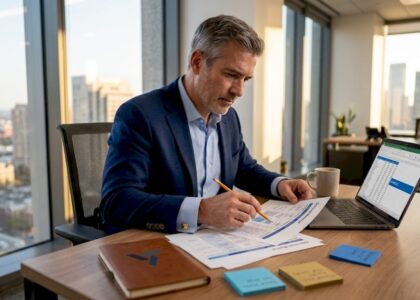 Executive analyzing decisions at office desk