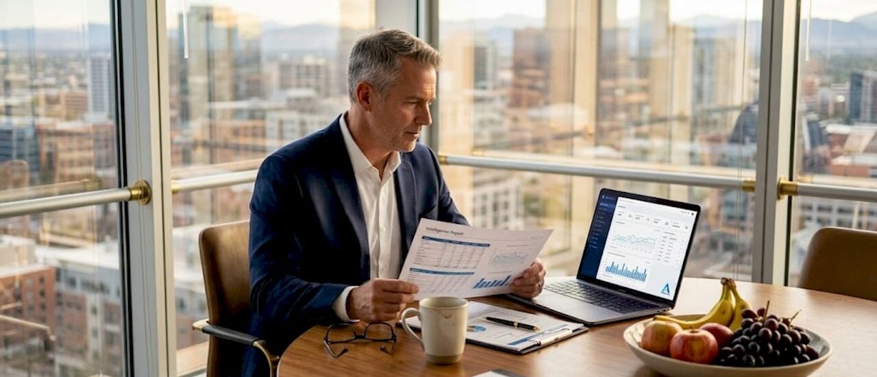 Executive reviewing intelligence report by window