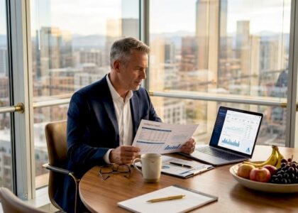 Executive reviewing intelligence report by window