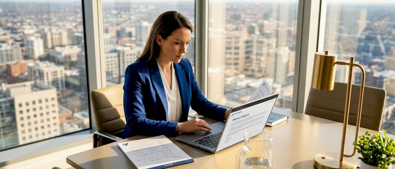 Business analyst reviews privacy strategy in meeting
