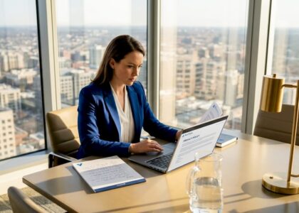Business analyst reviews privacy strategy in meeting