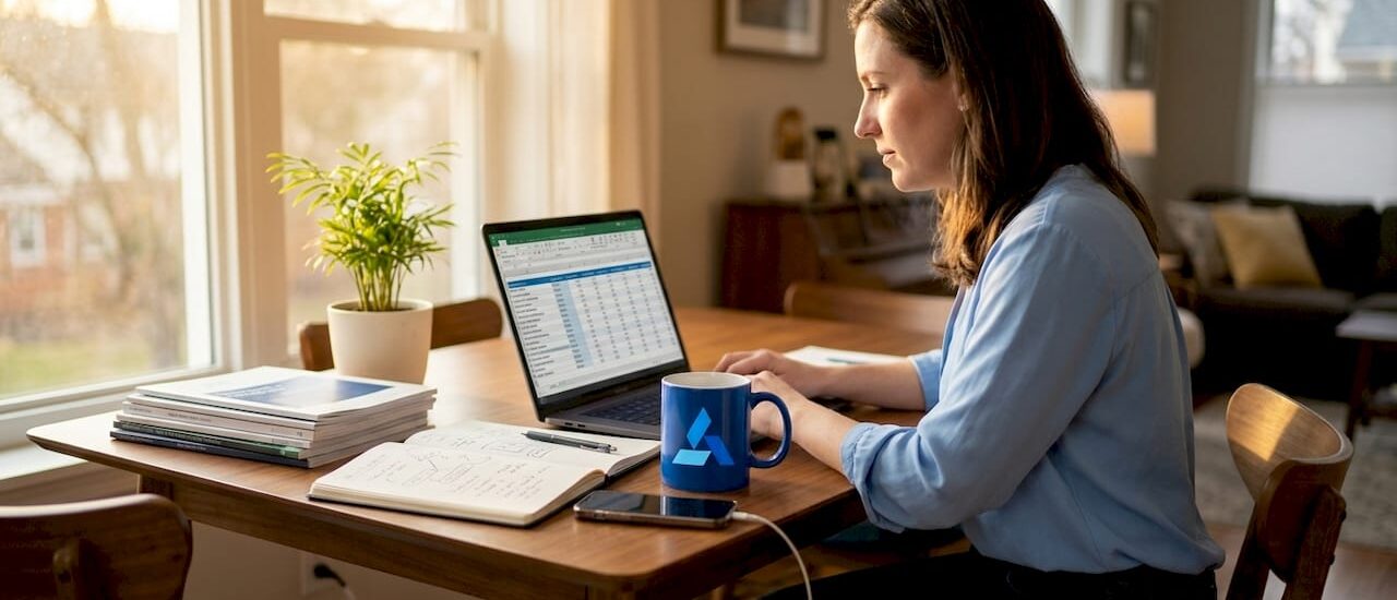 Business analyst benchmarking at home office table