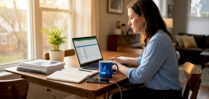 Business analyst benchmarking at home office table