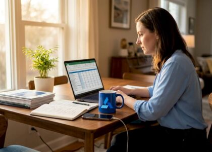 Business analyst benchmarking at home office table