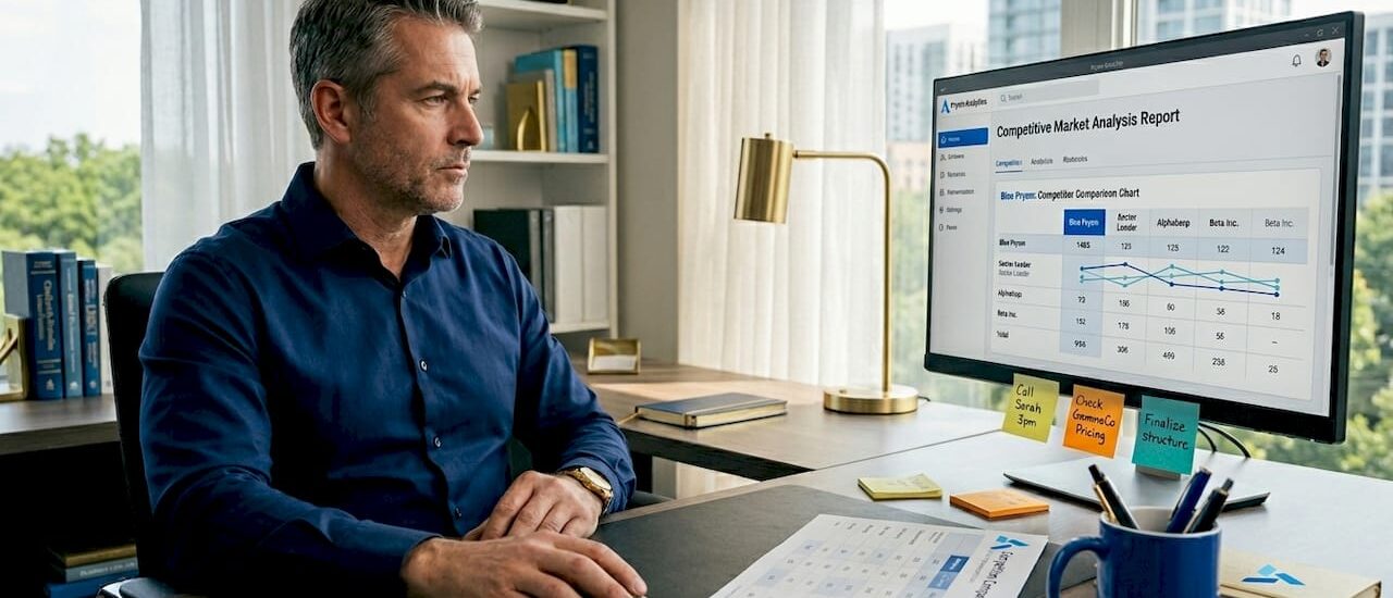 Business strategist reviewing market analysis