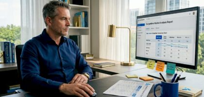 Business strategist reviewing market analysis
