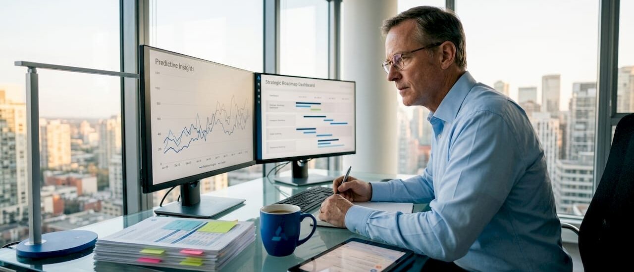 Business leader reviewing AI strategy data