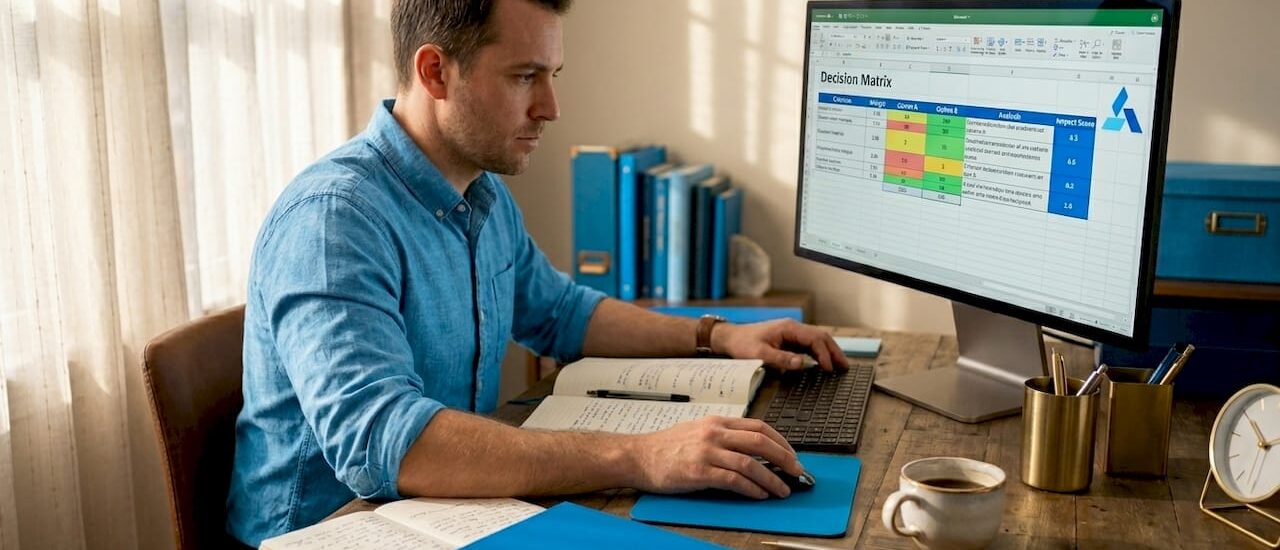 Business analyst working on decision tools at desk
