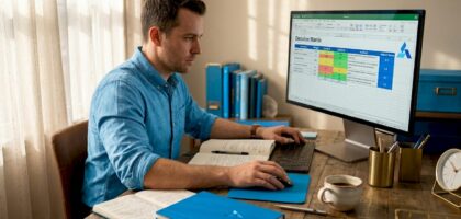 Business analyst working on decision tools at desk