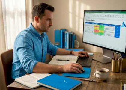 Business analyst working on decision tools at desk