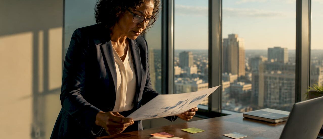 Business leader reviewing strategic plan documents