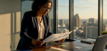 Business leader reviewing strategic plan documents