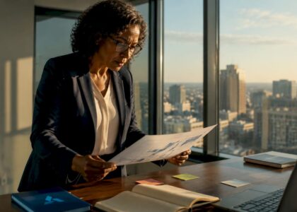 Business leader reviewing strategic plan documents