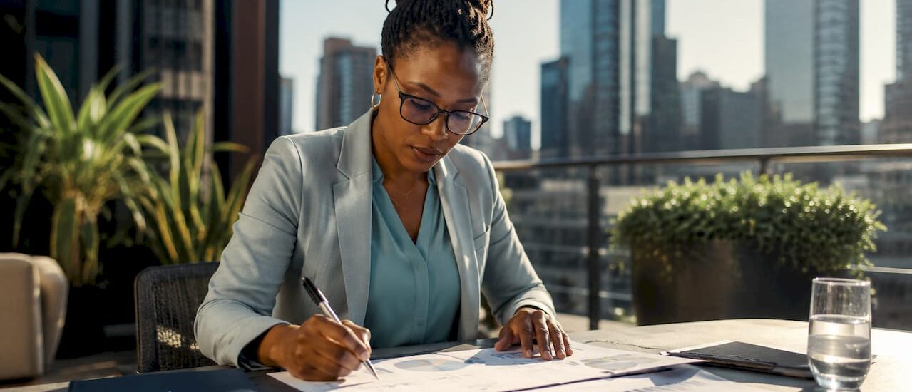Businesswoman analyzing data at office desk