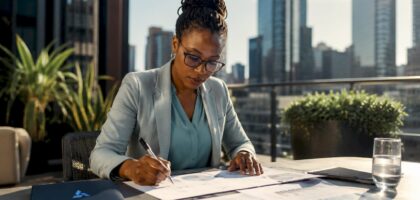 Businesswoman analyzing data at office desk