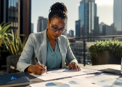 Businesswoman analyzing data at office desk