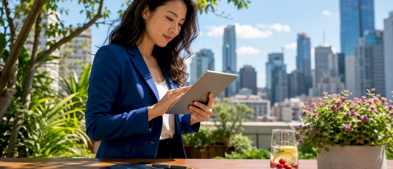 Businesswoman reviewing strategic intelligence software