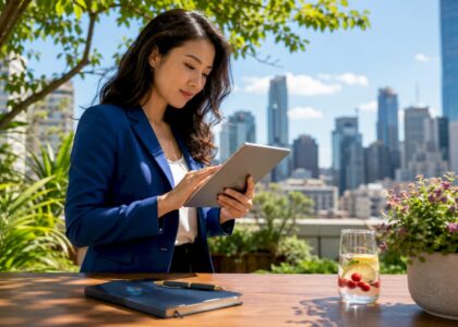 Businesswoman reviewing strategic intelligence software