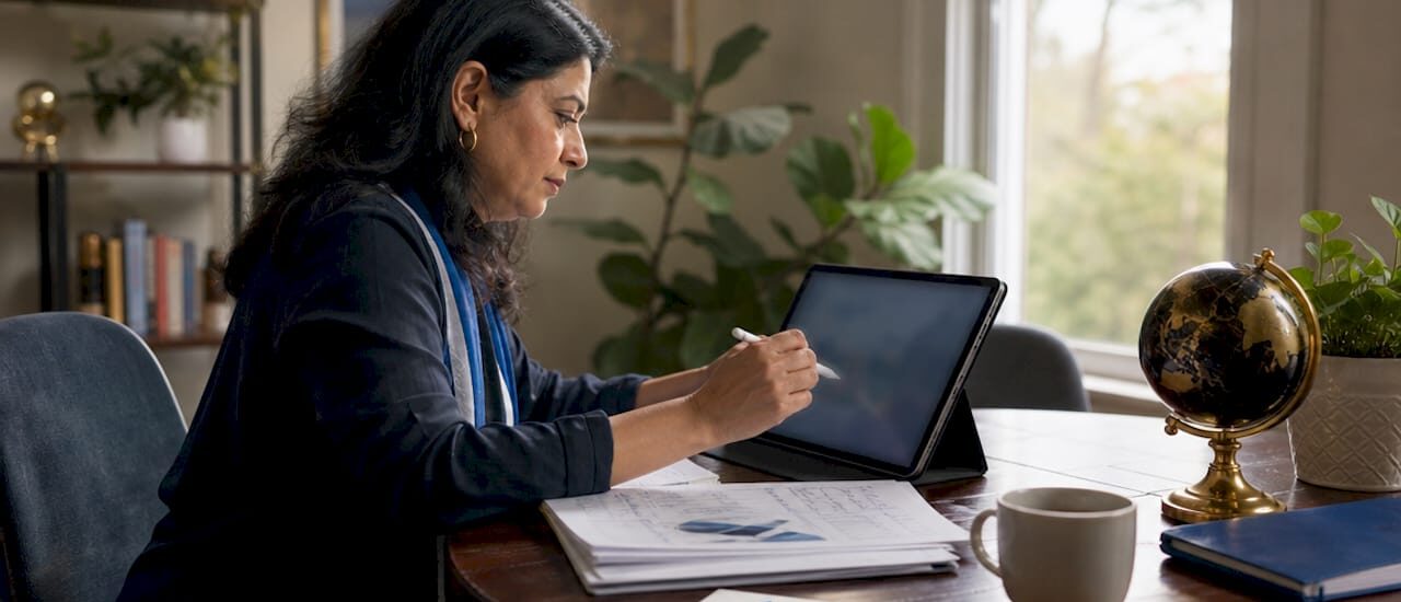 Woman analyst reviewing data dashboard at office desk