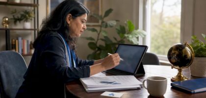 Woman analyst reviewing data dashboard at office desk