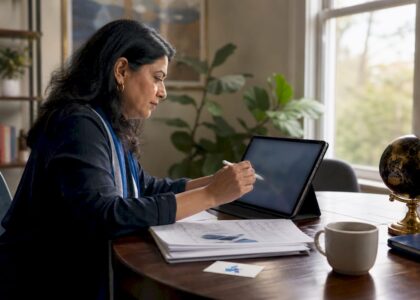 Woman analyst reviewing data dashboard at office desk