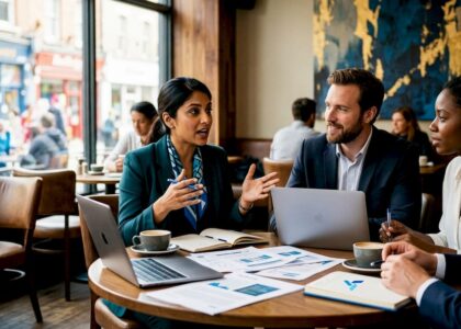 Team collaborating around table on insights