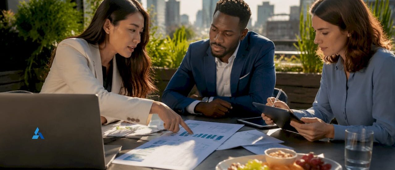 Sales leaders analyzing win loss reports at meeting