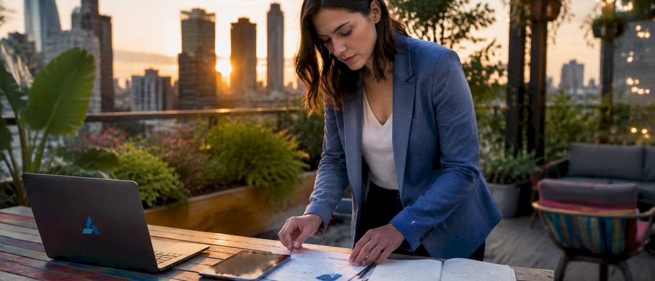 Businesswoman organizing data reports at desk