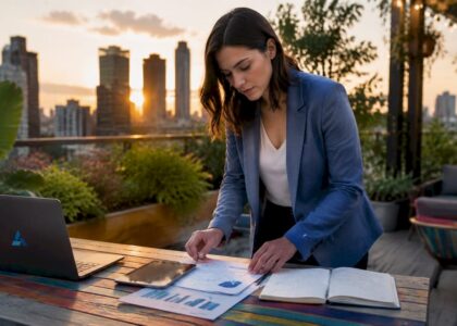 Businesswoman organizing data reports at desk