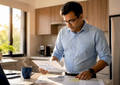 Business analyst reviewing competition reports