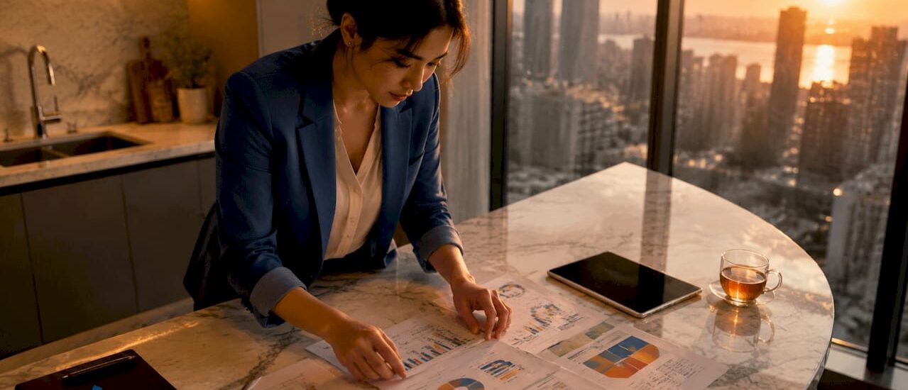 Professional woman organizing media intelligence reports at office table