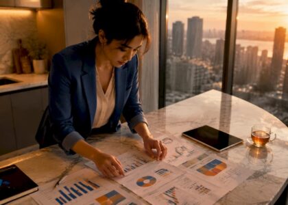 Professional woman organizing media intelligence reports at office table