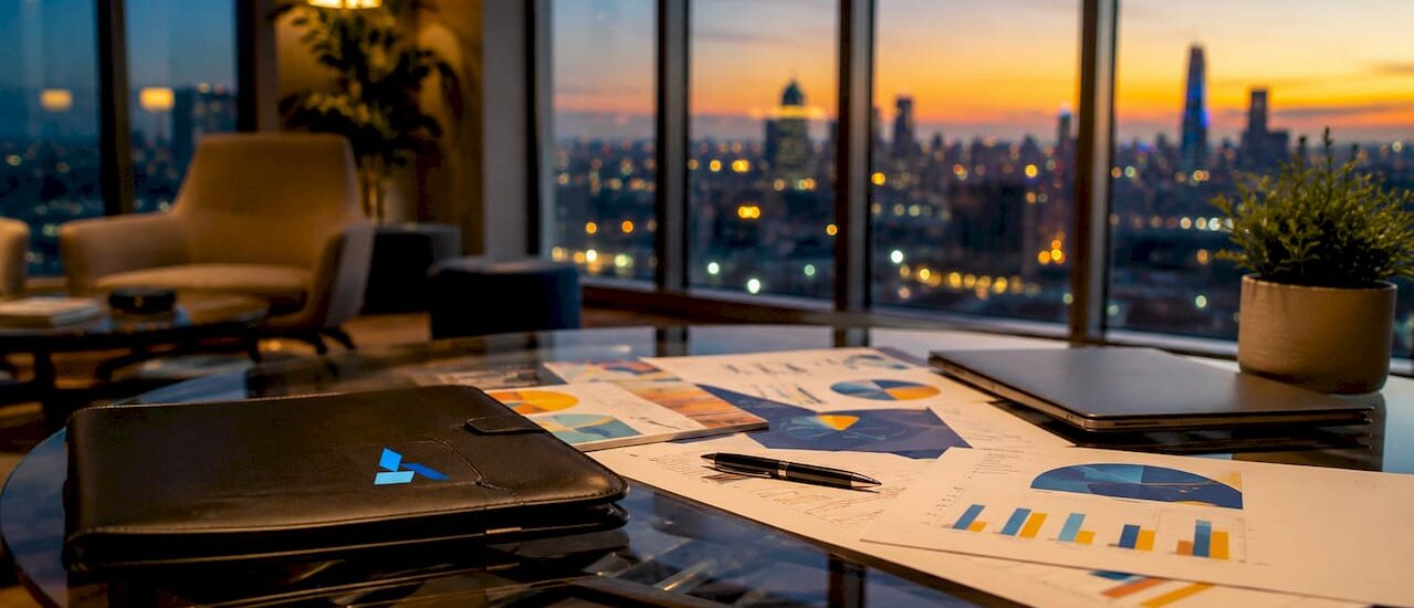Corporate meeting room with Blue Prysm branded binder and documents